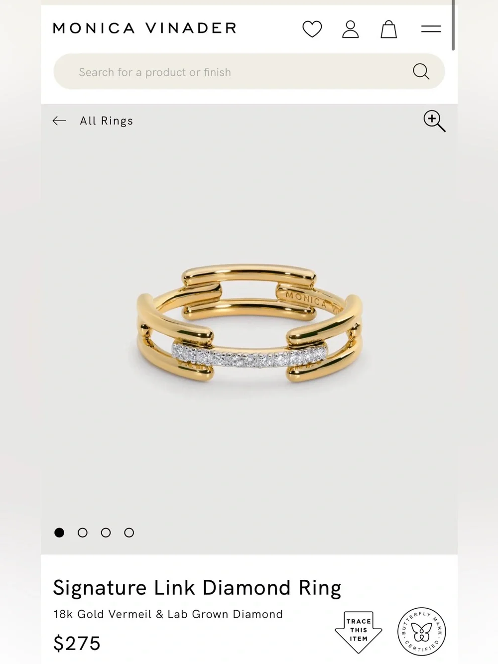 NWT MONICA VINADER Signature Link 18k Gold Vermeil and Lab Grown Diamond Ring